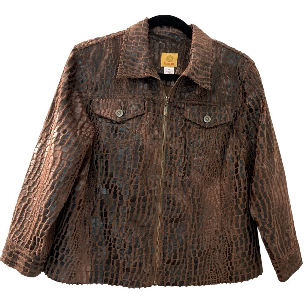 RUBY RD jacket, black and brown faux leather and suede. Animal print. Fu…